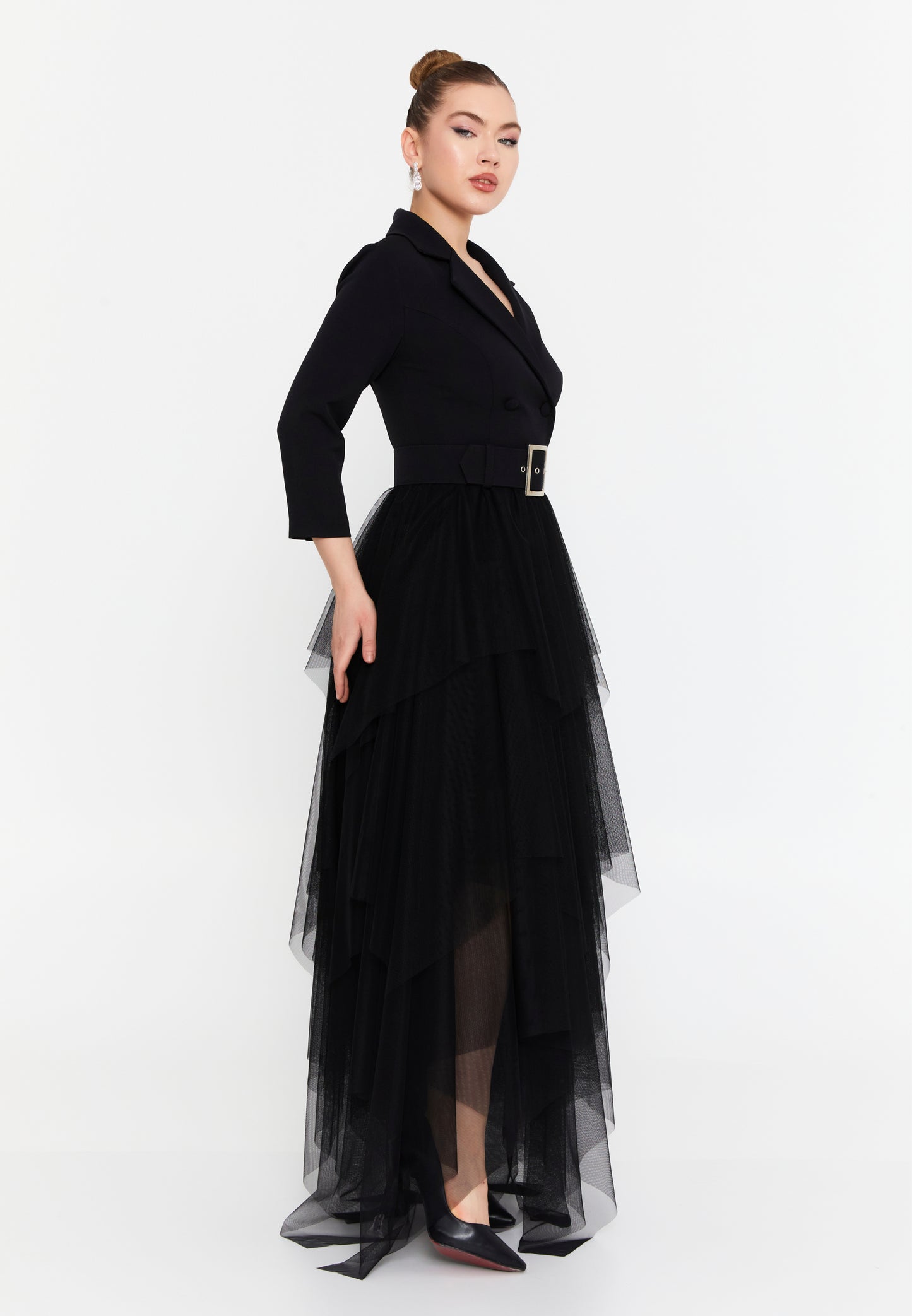 Robe de soirée mi-longue maxi colonne de tulle régulière