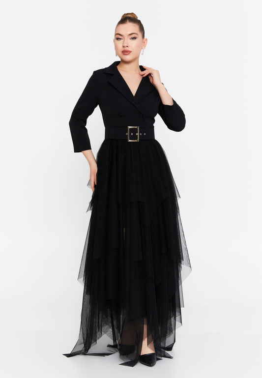 Robe de soirée mi-longue maxi colonne de tulle régulière